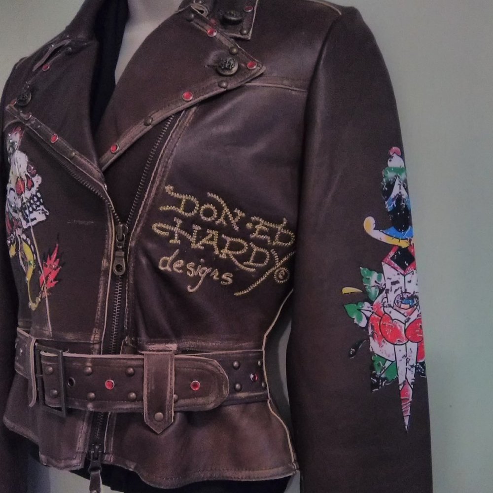 Ed Hardy Brown Leather Jacket Sz XSmall Crossover Biker Style NWT